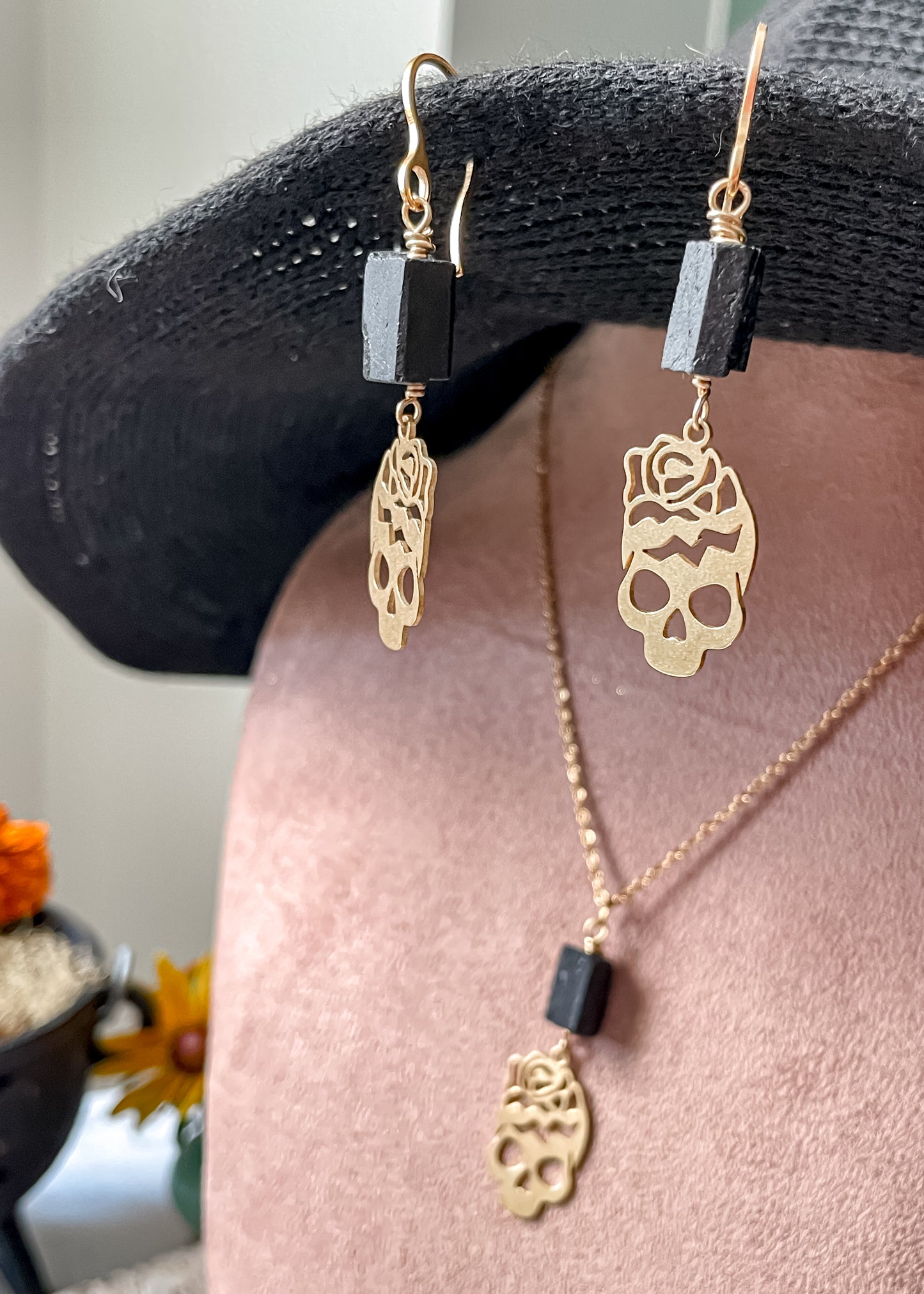 Black Tourmaline Skull Earrings