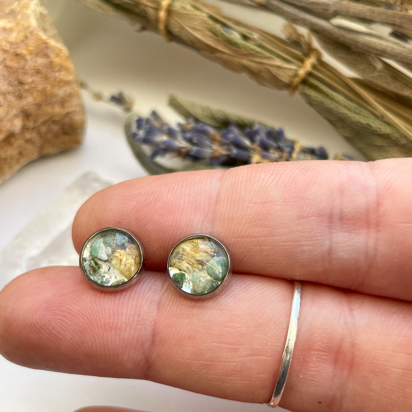 May Stud Earrings - Lily of the Valley & Emerald