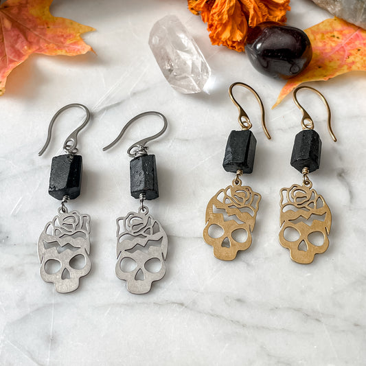 Black Tourmaline Skull Earrings
