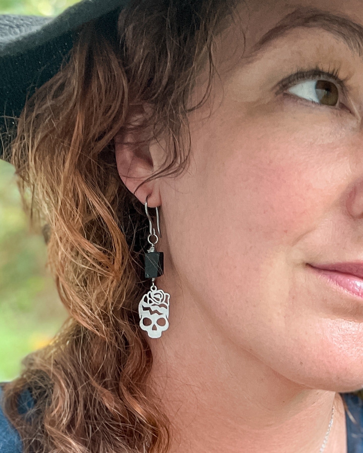 Black Tourmaline Skull Earrings