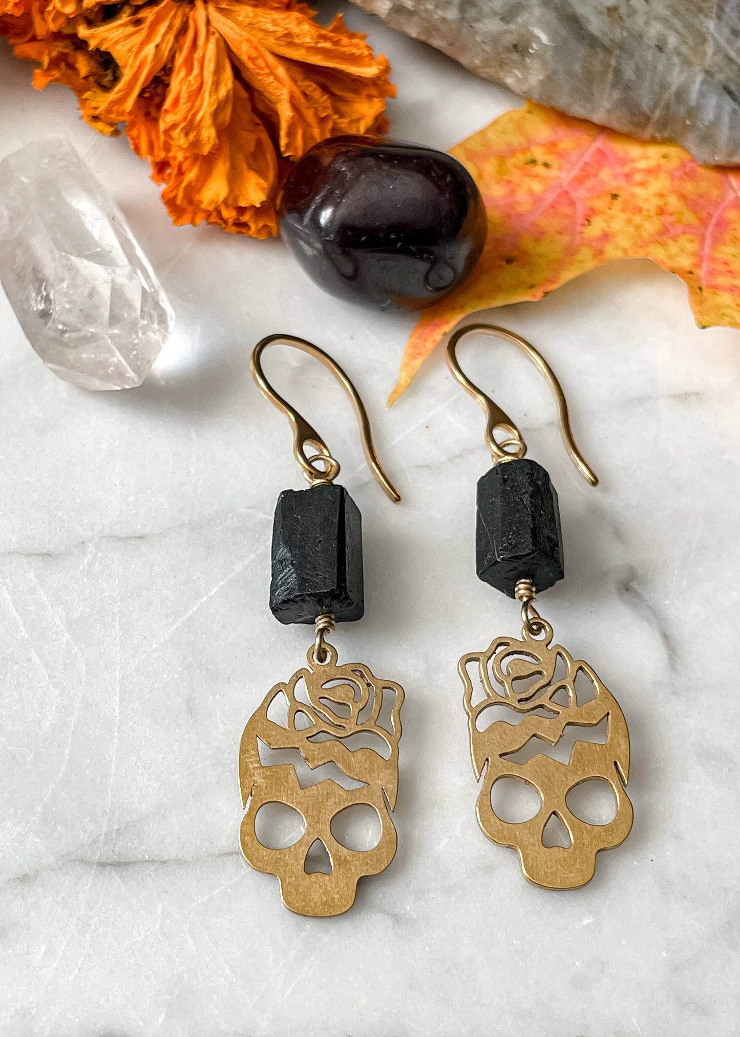 Black Tourmaline Skull Earrings