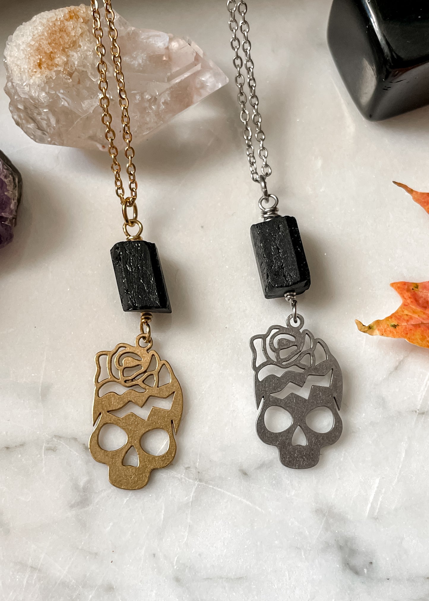Black Tourmaline Skull Necklace