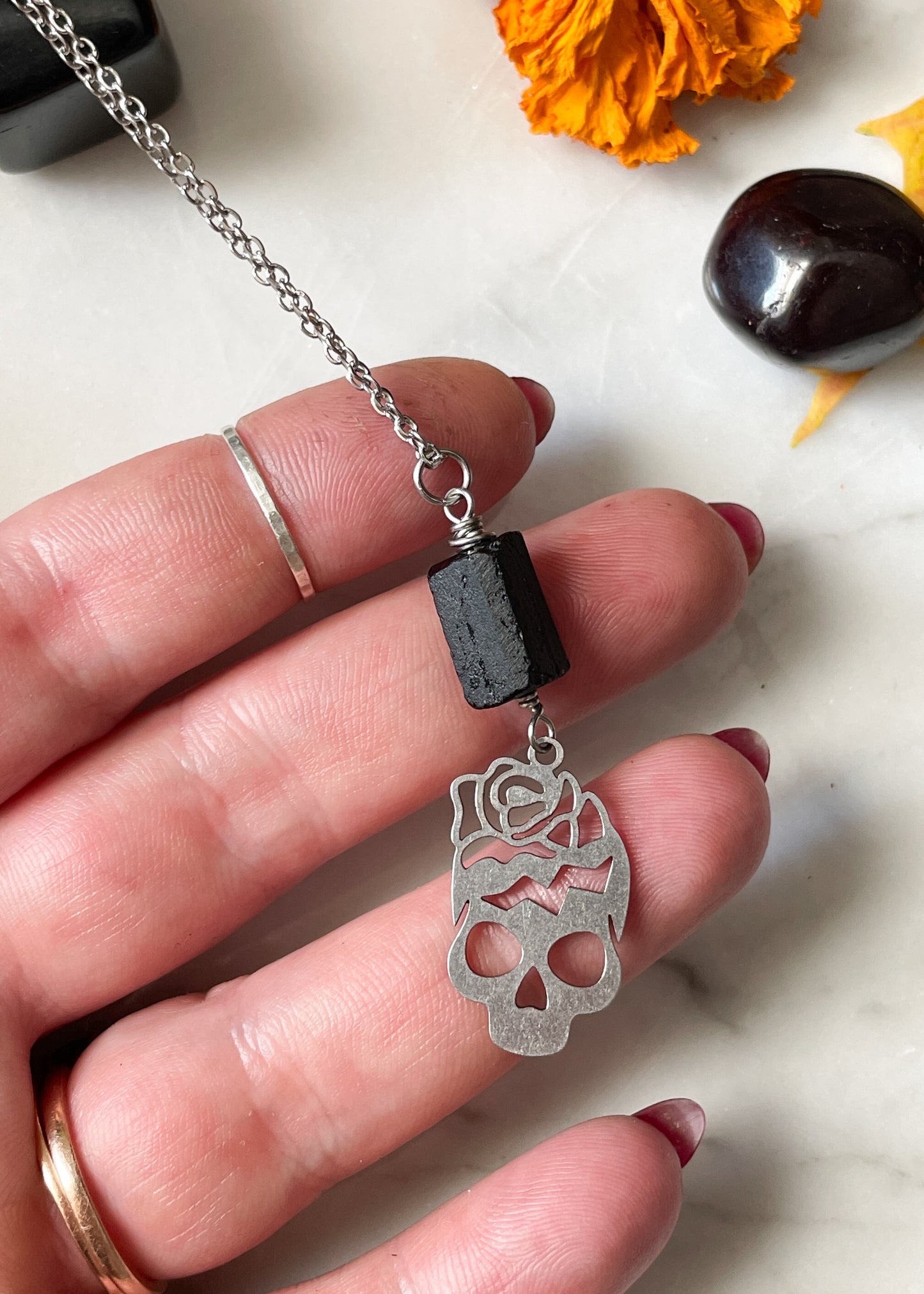 Black Tourmaline Skull Necklace