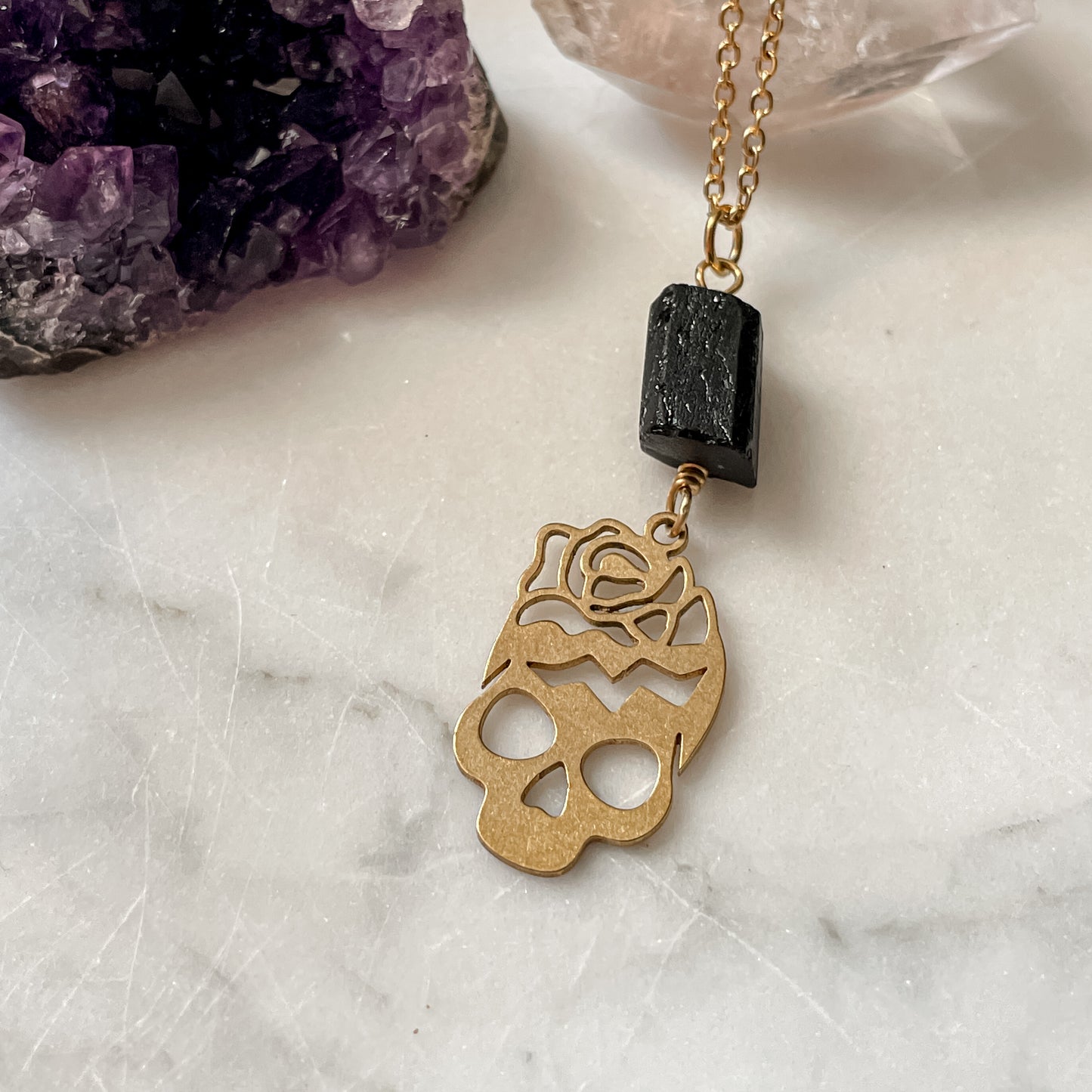 Black Tourmaline Skull Necklace