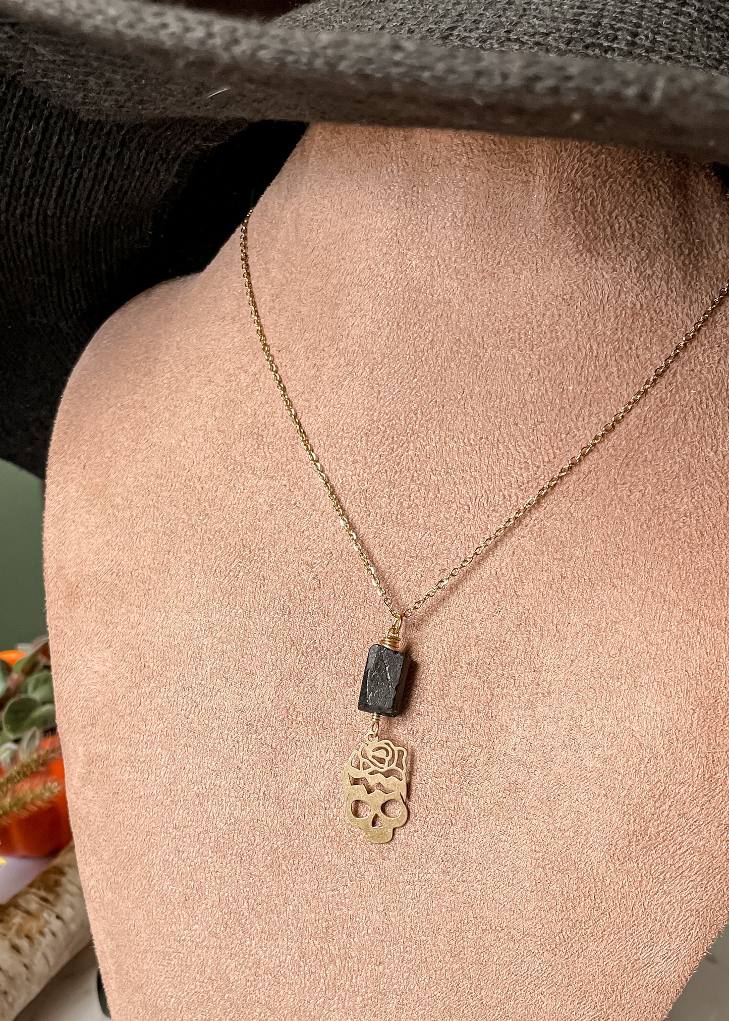 Black Tourmaline Skull Necklace