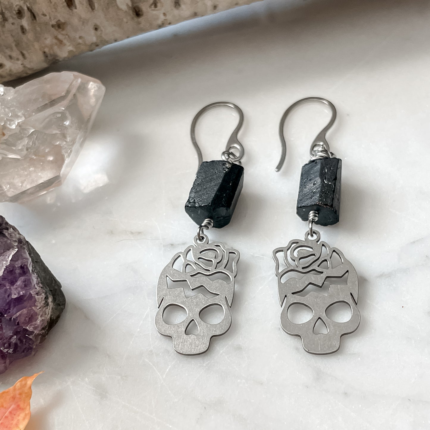 Black Tourmaline Skull Earrings