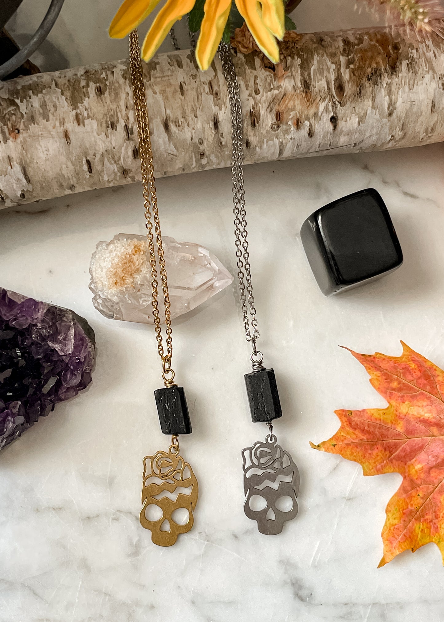 Black Tourmaline Skull Necklace