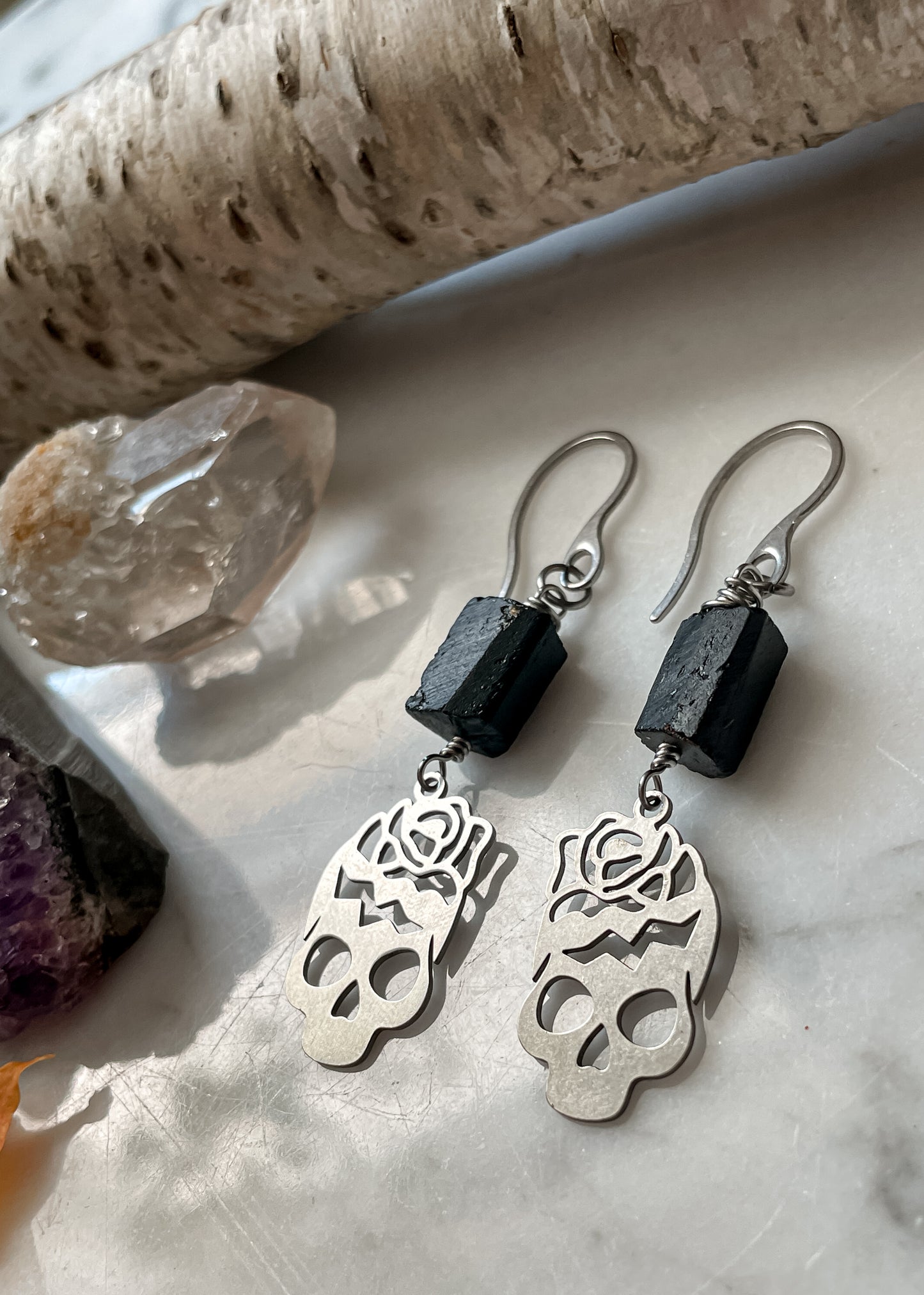 Black Tourmaline Skull Earrings