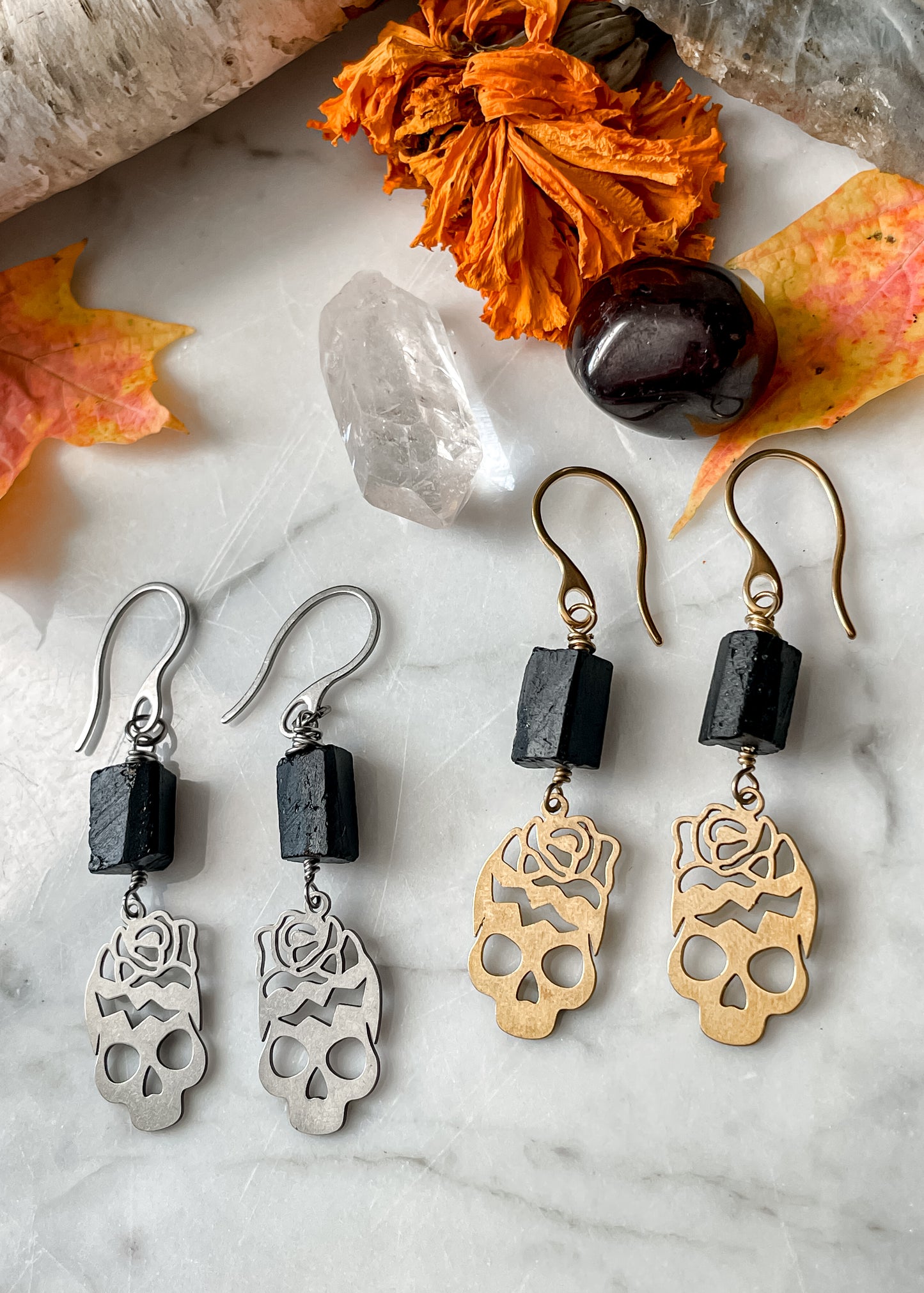 Black Tourmaline Skull Earrings