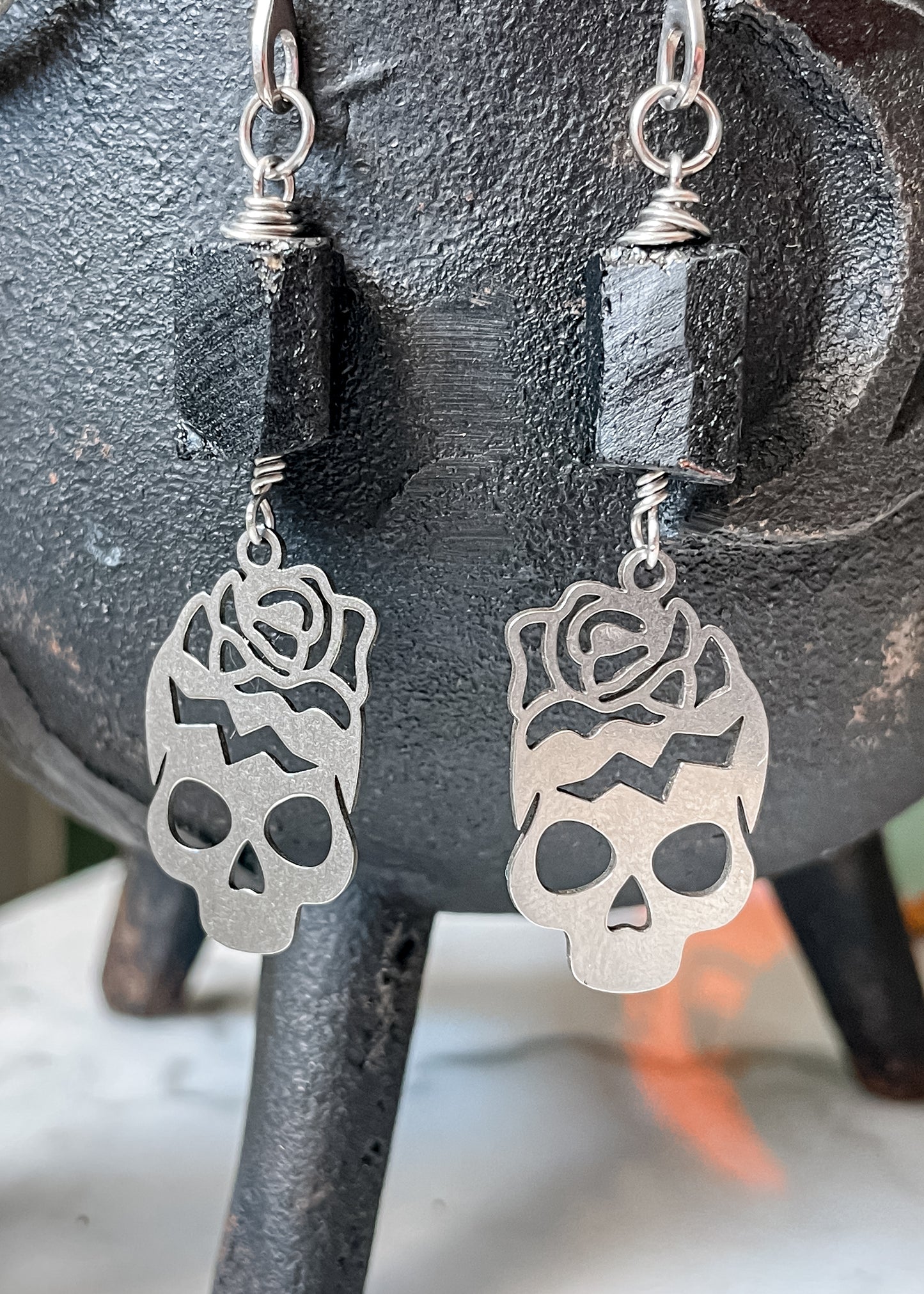 Black Tourmaline Skull Earrings