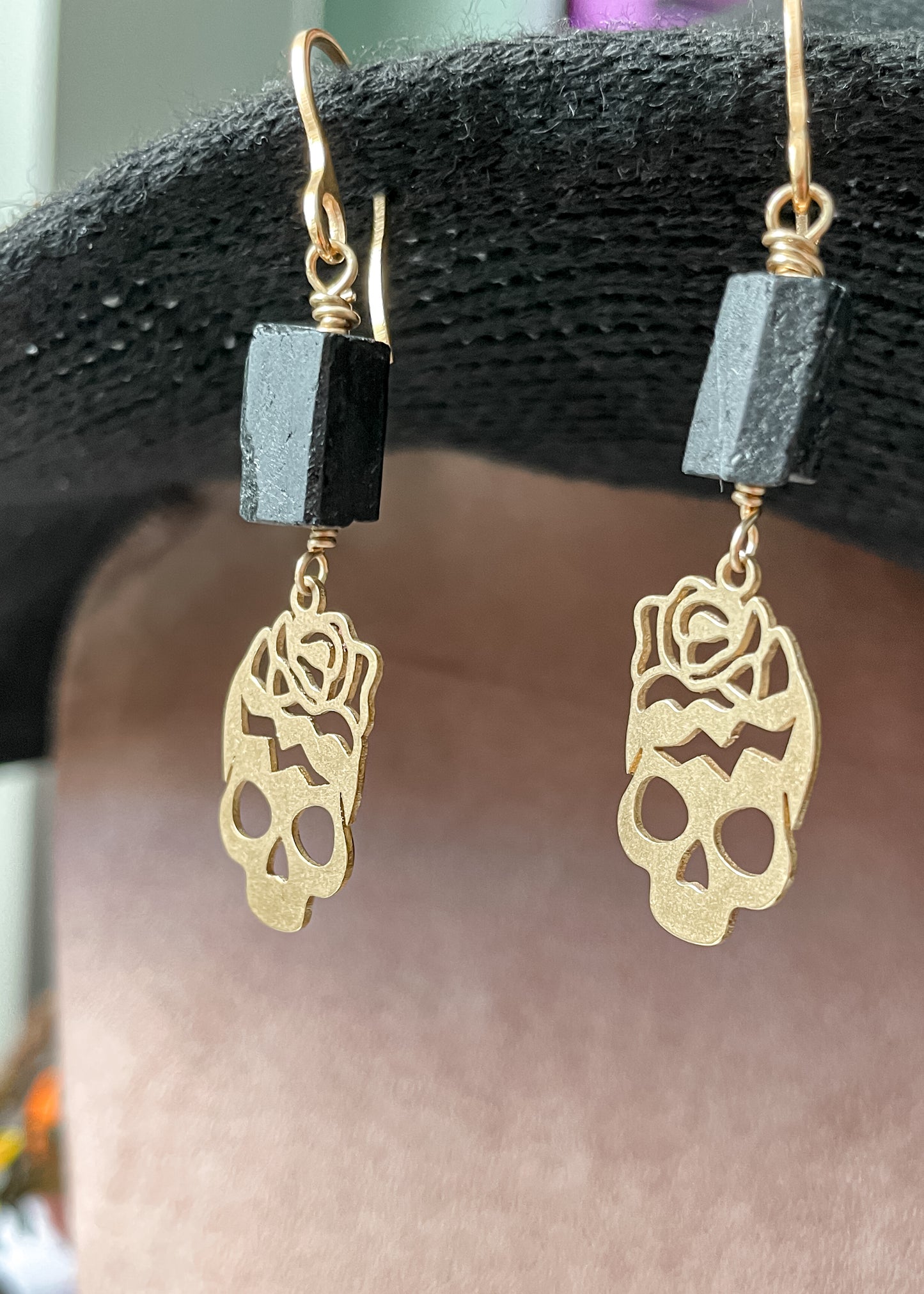 Black Tourmaline Skull Earrings