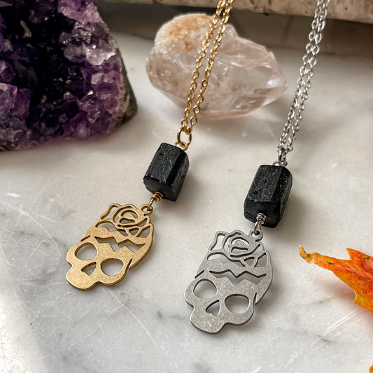 Black Tourmaline Skull Necklace