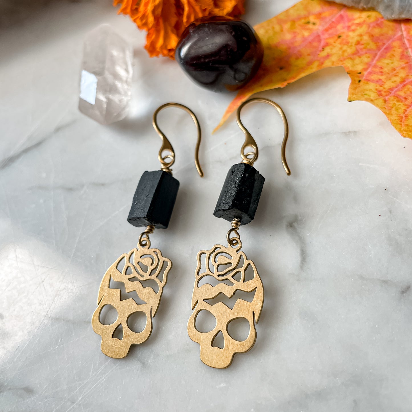 Black Tourmaline Skull Earrings