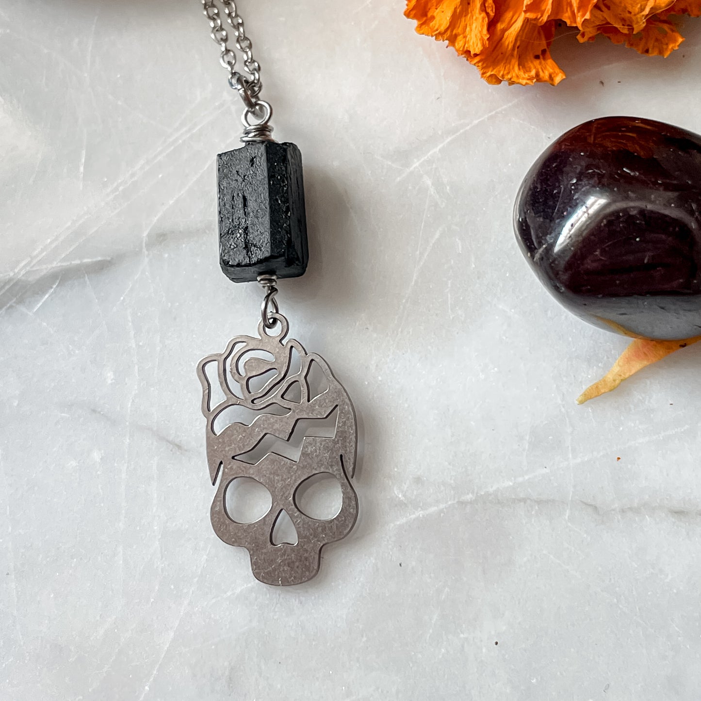 Black Tourmaline Skull Necklace